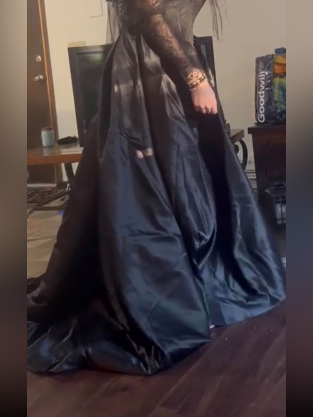 Black Lace Sleeve Satin Ball Gown - Picture 3 of 3